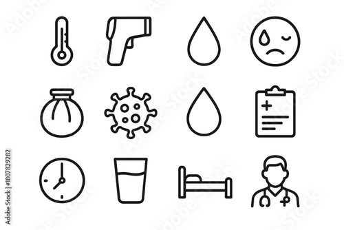 Body Temperature Icons. Body temperature. Line icon set of body temperature: thermometer, thermometer gun, sweat drop, hot face, ice pack, virus, droplet,