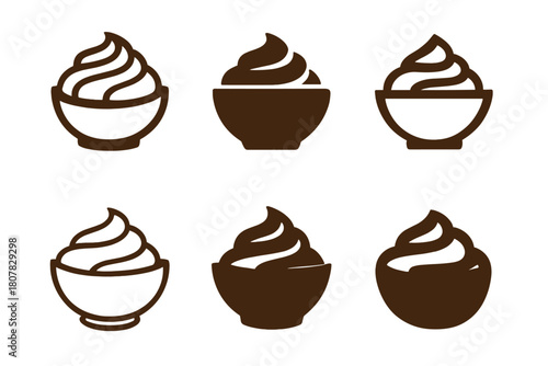 Mashed Potato Icons. Mashed potato mound. Icon set. Set Logo of mashed potato mound: swirl-patterned mashed potatoes served in a bowl. harmonious
