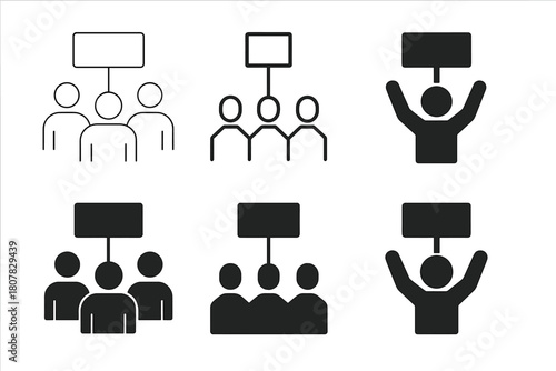 Climate Protest Icons. Climate change action. Icon set. Set Logo of Climate Protest: People holding signs. Stylized detail, Abstract geometric, Minimal