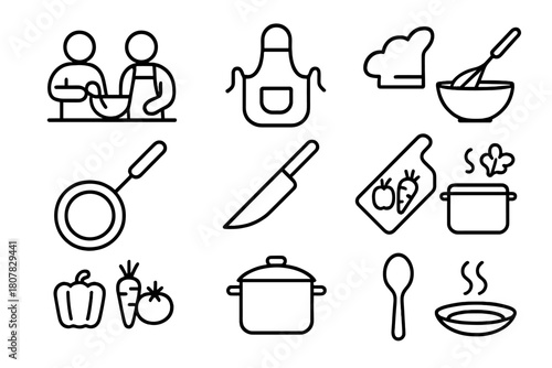 Cooking Icon Set. Cooking and measuring. Line icon set of cooking and measuring: scale, measuring cup, spoon, bowl, flour bag, whisk, jar, rolling pin, scoop,