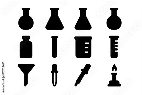 Chemistry Flasks Icons. Chemistry Flasks. Solid icon set of Chemistry Flasks: round-bottom flask, Erlenmeyer flask, volumetric flask, Florence flask, reagent