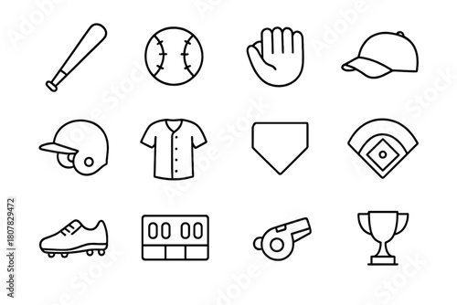 Baseball Icon Set. Baseball. Line icon set of baseball: baseball bat, ball, glove, cap, helmet, jersey, home plate, diamond field, cleats, scoreboard, whistle,