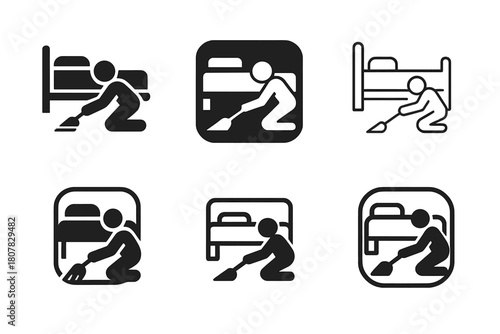 Under-Bed Cleaning Icons. Cleaning under the bed. Icon set. Set Logo of Cleaning under the bed: Person sweeping under bed. harmonious logo variations of the