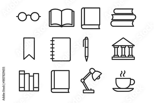 Bookworm Icon Set. Bookworm set. Line icon set of Bookworm set: reading glasses, open book, closed book, stack of books, bookmark, notebook, pen, library, book