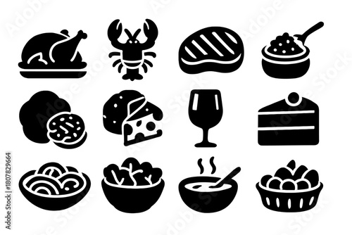 Opulent Meal Icons. Opulent Meal. Solid icon set of Opulent Meal: roasted turkey, lobster, steak, caviar, truffle, cheese platter, wine glass, chocolate cake,