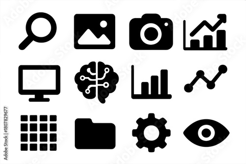 Black Imaging Tools Icons. Imaging Tools. Solid icon set of Imaging Tools: magnifying glass, photo, camera, computer monitor, AI brain, chart, histogram,