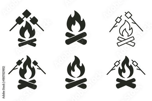 Beach Bonfire Icons. Beach bonfire gatherings. Icon set. Set Logo of Beach bonfire gatherings: Toasting marshmallows. harmonious logo variations of the same