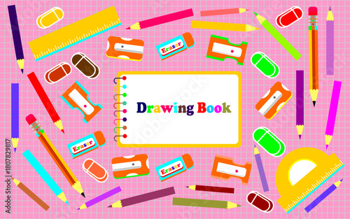Drawing and coloring supplies icons. Set of drawing tools illustration. School theme for kids education background. Colored drawing tools. Clipart sets of drawing art.