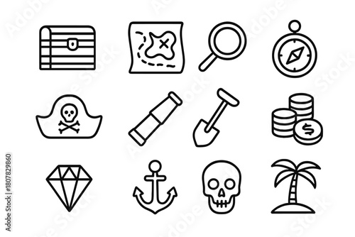 Treasure Hunt Icons. Searching for hidden treasure. Line icon set of searching for hidden treasure: treasure chest, map, magnifying glass, compass, pirate hat,