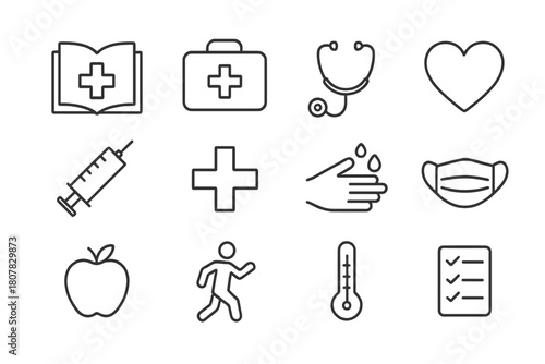 Health Education Icons. Health education icons. Line icon set of Health education icons: health book, first aid kit, stethoscope, heart, syringe, medical