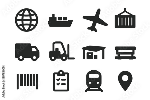International Trade Icons. International Trade. Solid icon set of International Trade: globe, cargo ship, airplane, shipping container, delivery truck,