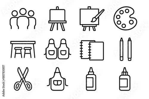 Collaborative Art Icons. Collaborative art. Line icon set of collaborative art: group of people, easel, canvas, paintbrush, palette, table, stools, aprons,