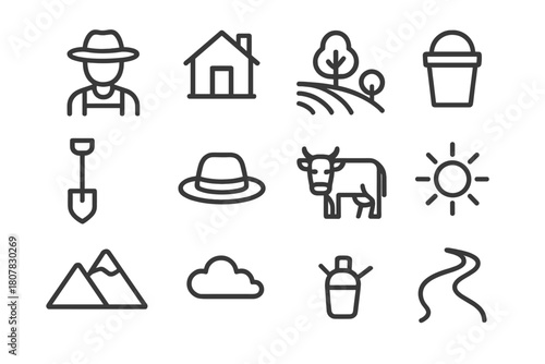 Rural Life Icons. Rural life. Line icon set of rural life: farmer, house, field, tree, water bucket, shovel, hat, cow, sun, mountain, cloud, path. All outline