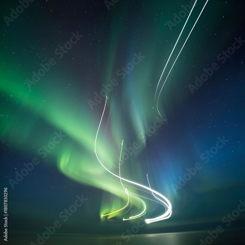 Northern Lights glowing over dark landscape with stars at night  