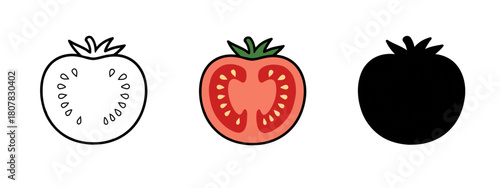 Three Tomato Slices Showing Cross Section in Outline Color and Silhouette