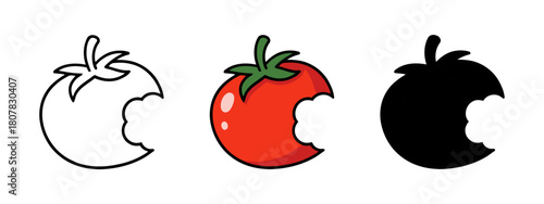 Stylized bitten tomato in monochrome outline, fully colored, and black silhouette