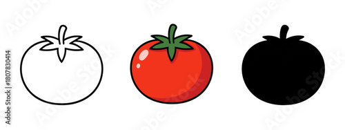 Cartoon style image of a tomato in three forms: line drawing, colored, and silhouette