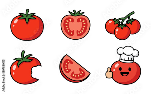 Variety of Fresh Tomatoes set and Chef Tomato Character on White Background