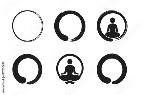 Zen Emblems Collection. Learning mindfulness for stress relief. Icon set. Set Logo of Learning mindfulness for stress relief: Zen circle (Enso). harmonious