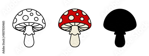 Collection of Fly Agaric Mushrooms in Outline, Color and Silhouette on White Background