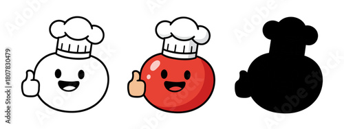 Chef Tomato Character Thumbs Up in Color, Outline, and Silhouette Versions