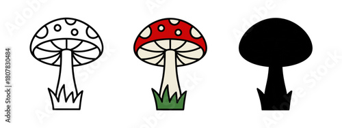 Mushroom Illustrations in Outline, Color and Silhouette on White Background