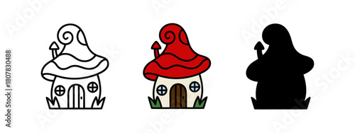 Three Stylized Mushroom House Illustrations in Outline, Colored and Silhouette Versions