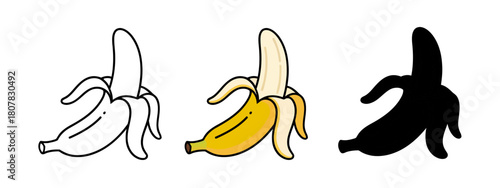 Banana Fruit Set: Outline, Color, and Silhouette Style Icons on Isolated White Background