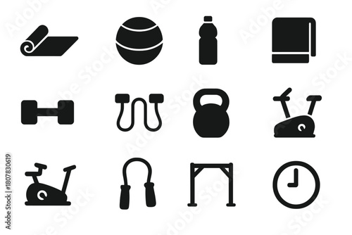 Yoga Equipment Icons. Yoga session. Solid icon set of Yoga session: yoga mat, yoga ball, water bottle, towel, dumbbell, resistance band, kettlebell, treadmill,