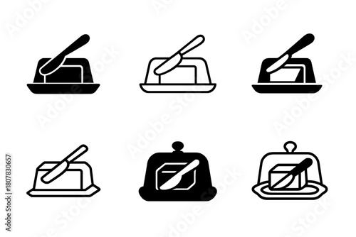 Butter Dish Icons. Butter dish. Icon set. Set Logo of Butter dish: Butter spreader and dish combo. harmonious logo variations of the same emblematic concept,