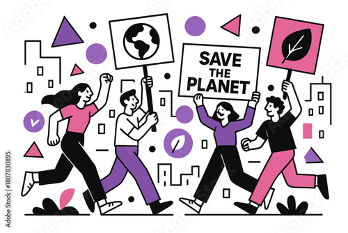 Dynamic Environmental Protest. Environmental Protests. Marchers carrying banners through city streets with floating abstract geometric shapes and environmental