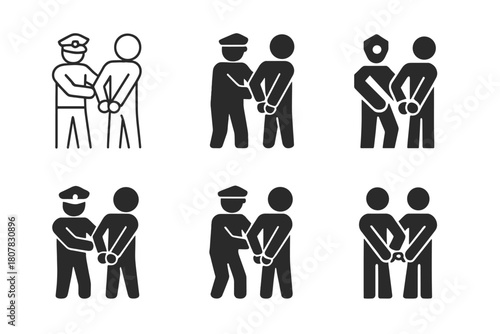 Arrest Icon Variations. Person Arrested on Suspicion of Crime. Icon set. Set Logo of Arrest Scene: police handcuffing suspect. harmonious logo variations of