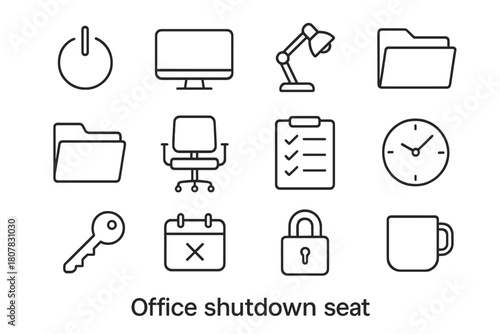Office Shutdown Icons. Office shutdown. Line icon set of office shutdown: power button, computer, monitor, desk lamp, file folder, chair, checklist, clock,