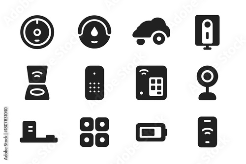 Household Robot Icons. Household Robots. Solid icon set of Household Robots: vacuum robot, mop robot, lawn robot, window cleaner, pet feeder, voice assistant,