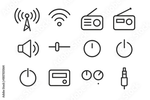Radio Signal Icons. Radio signals. Line icon set of radio signals: antenna, signal waves, radio, speaker, tuning dial, volume knob, power button, display