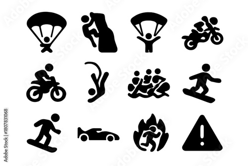 Extreme Sports Icons. High-Risk Activities. Solid icon set of High-Risk Activities: parachuting, rock climbing, base jumping, skydiving, motocross, bungee