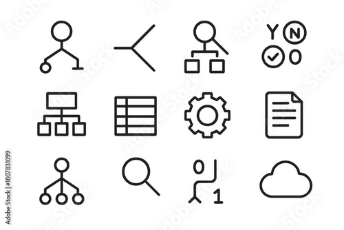 Decision Tree Icons. Decision trees. Line icon set of decision trees: tree node, branch line, split icon, yes no circle, box diagram, dataset, gear, document,