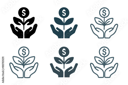 Family Budgeting Icons. Family budgeting. Icon set. Set Logo of family budgeting: family hand holding money sprout. harmonious logo variations of the same