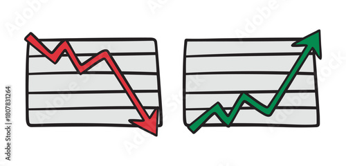 infographic chart fall and rise business up and down arrow icon doodle hand drawn. colorful cartoon line drawing clipart symbol business bust and boom 