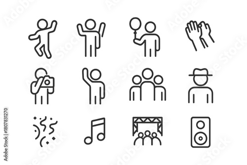 Festival Line Icons. Festival Atmosphere. Line icon set of Festival Atmosphere: tent, lantern, flag string, bonfire, food stall, people crowd, drum, guitar,