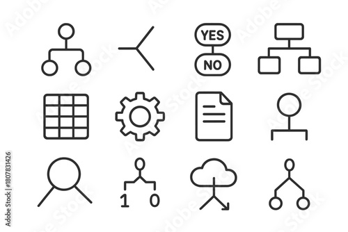 Decision Tree Icons. Decision trees. Line icon set of decision trees: tree node, branch line, split icon, yes no circle, box diagram, dataset, gear, document,