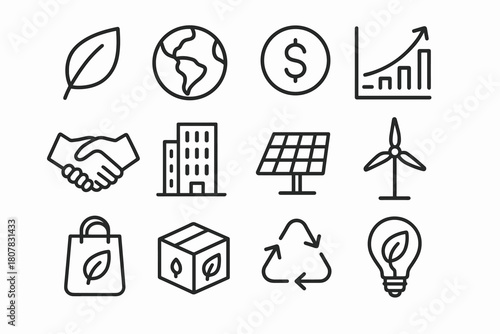 Eco Business Icons. Eco-friendly Business. Line icon set of Eco-friendly Business: leaf, globe, coin, chart, handshake, building, solar panel, wind turbine,