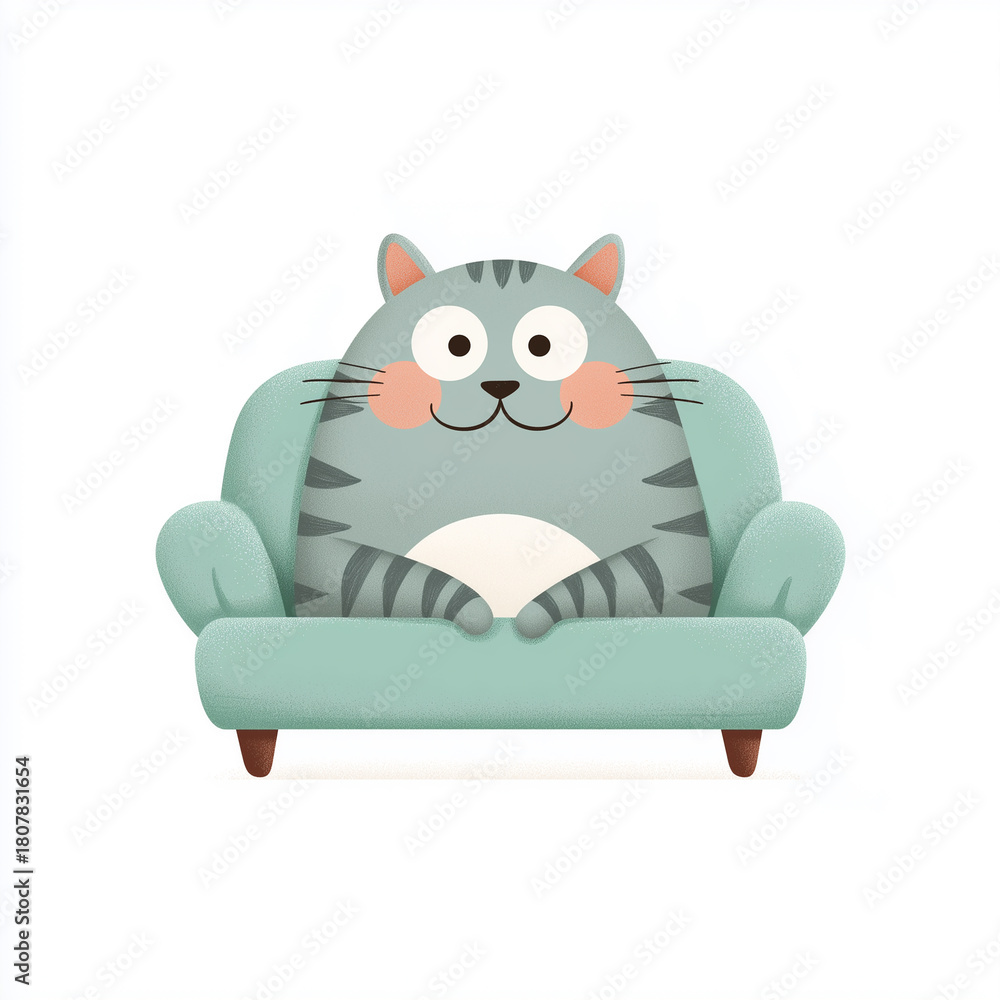 Fototapeta premium A plump, friendly, blue-grey tabby cat with rosy cheeks and a wide smile relaxing deeply in a small, teal armchair, rendered in a charming, rounded cartoon style