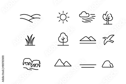Steppe Landscape Icons. Steppe Landscape. Line icon set of Steppe Landscape: rolling hills, sun, clouds, wind lines, grass, tree, river, herd,