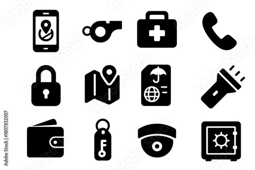 Solo Travel Safety Icons. Solo travel safety. Solid icon set of Solo travel safety: phone GPS, whistle, first aid kit, emergency call, lock, map, travel