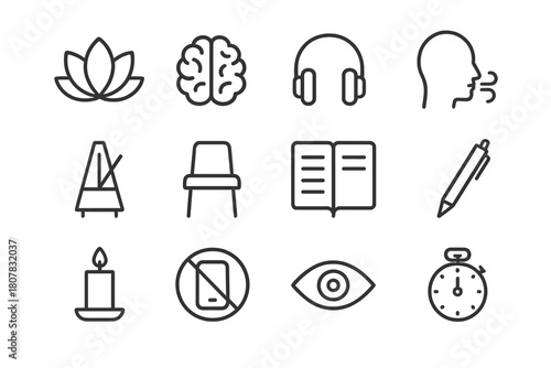 Mindfulness Icon Set. Mindfulness and focus. Line icon set of mindfulness and focus: lotus flower, brain, headphones, breath icon, metronome, chair, journal,