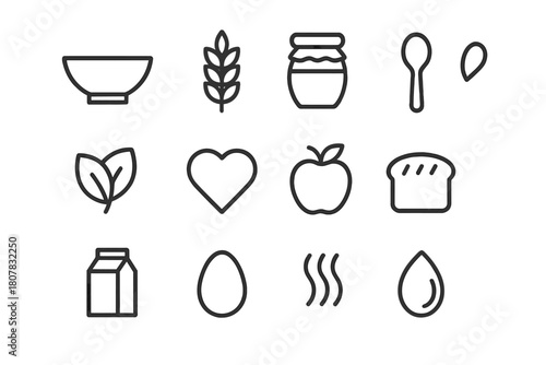 Wholesome Food Icons. Wholesome food. Line icon set of wholesome food: bowl, grain, honey jar, spoon, leaf, heart, apple, bread, milk, egg, steam, seed. All