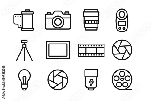 Film Photography Icons. Film photography. Line icon set of film photography: film roll, camera, lens, light meter, tripod, frame, negative strip, shutter,
