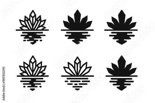 Icy Pond Icons. Ice crystals on a frozen pond. Icon set. Set Logo of Pond Reflection: Icy mirror effect. Abstract geometric, Filled silhouette, Flat solid,