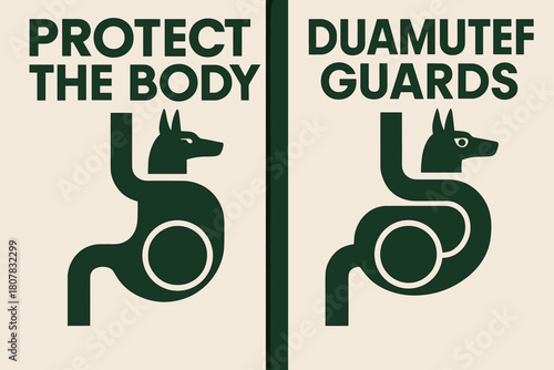 Duamutef Protection Banners. Sacred Stomach. Two vertical A6 banners with safe margins, centered composition, no elements touching edges, bauhaus, forest green